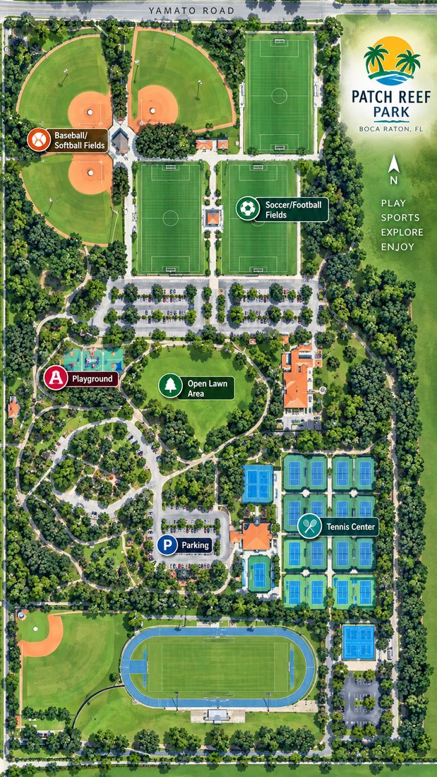 Map of Patch Reef Park showing the Tennis Center, baseball and soccer fields, playground, open lawn area, parking, and the track